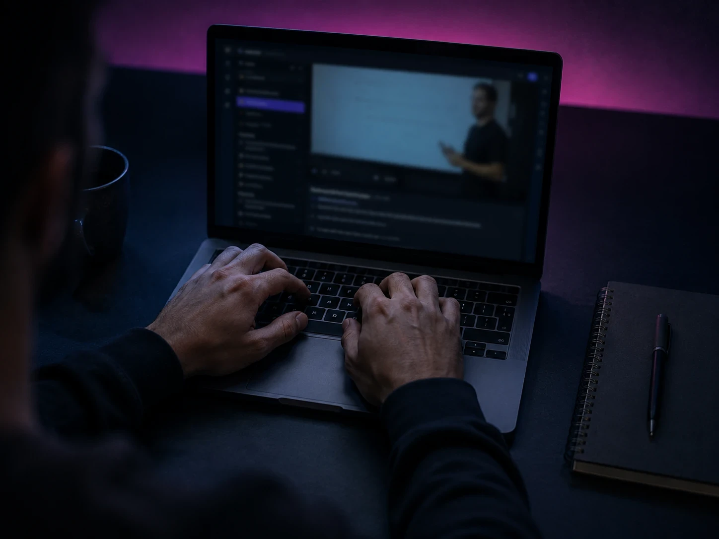 Someone’s hands typing on a laptop with a lesson on screen, at night, next to a notebook and a mug