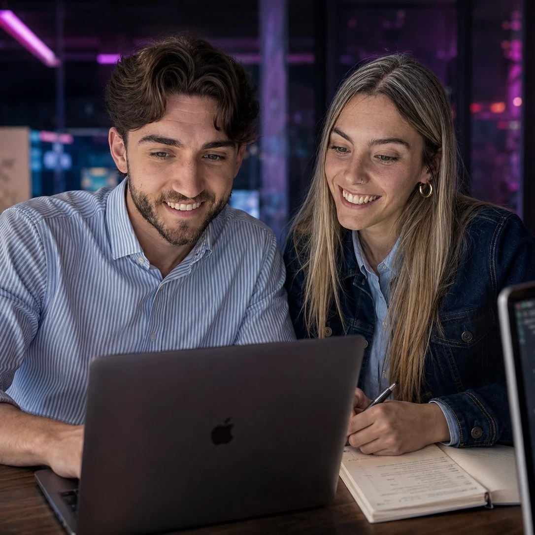Two people from the team looking at a laptop screen together, smiling, in an office with violet neon light behind them