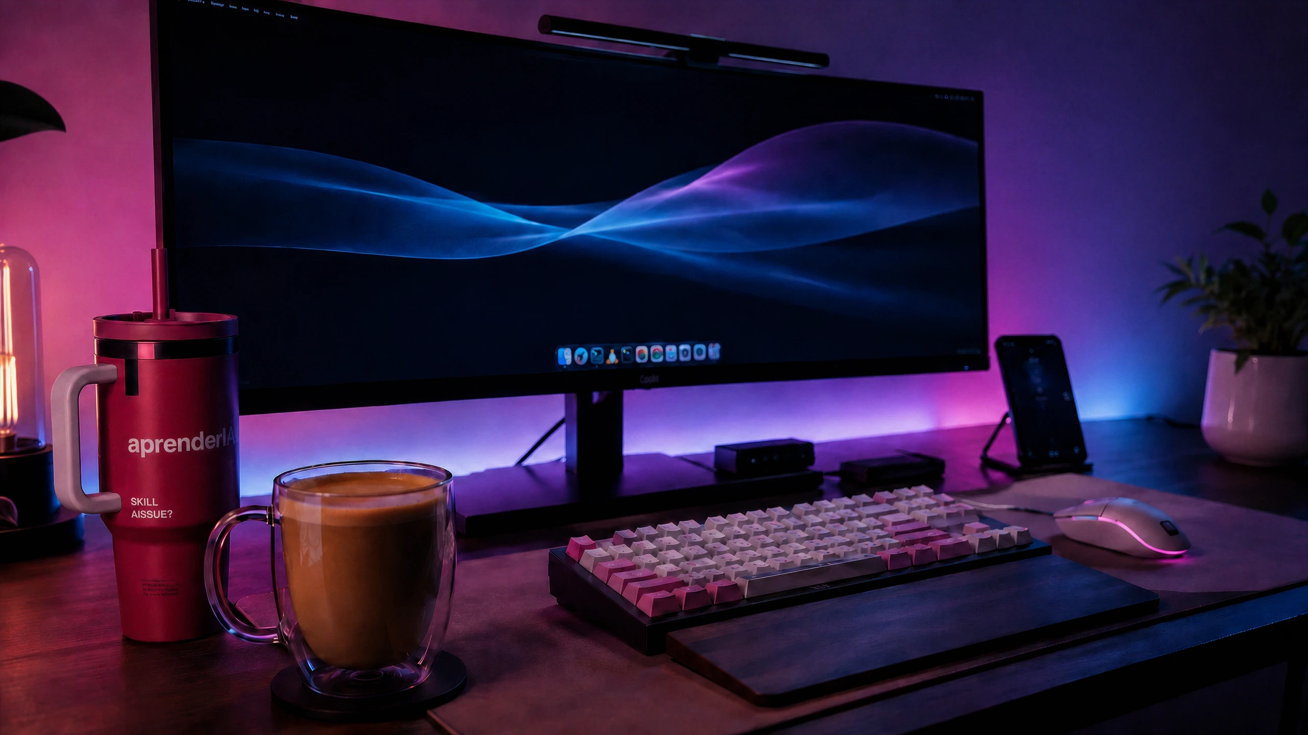 Un escritorio de noche con un monitor ultrapanorámico encendido, teclado mecánico, un termo de aprenderIA y un café a medias, con la pared bañada en luz morada y magenta