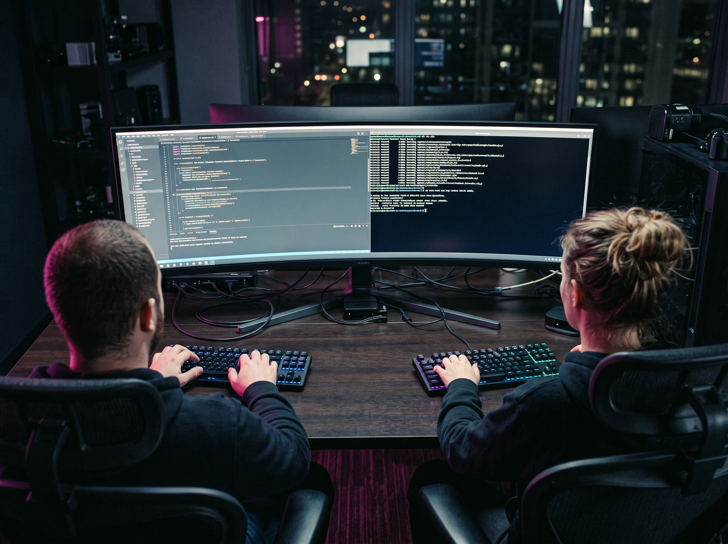 Dos desarrolladores de espaldas frente a una pantalla ultrapanorámica con un editor de código y una terminal en paralelo, de noche